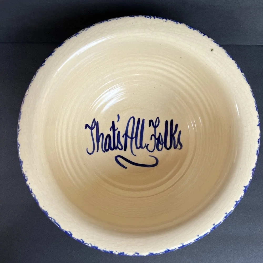Sponge Ware Large Popcorn Bowl Blue Ivory THAT'S ALL Folks Handmade Pottery EUC